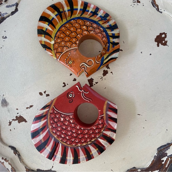 Set of 6 Hand Painted Wooden Tropical Fish Napkin Rings Holders Vintage - Picture 10 of 16